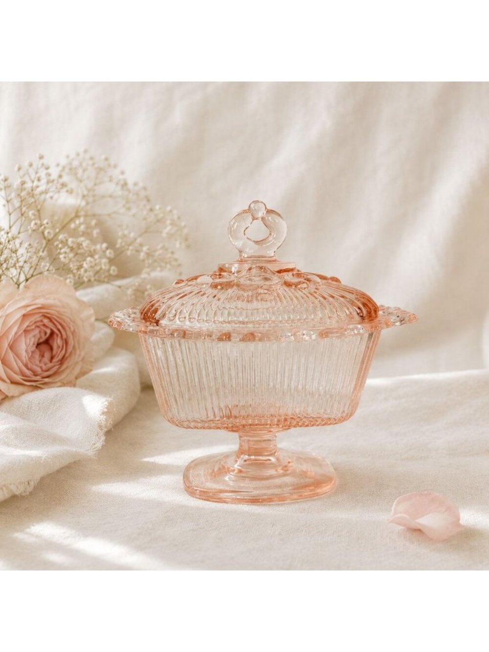 Indiana Glass Pink Butter Dish Covered Lace Candy Footed Vintage Pedestal Server